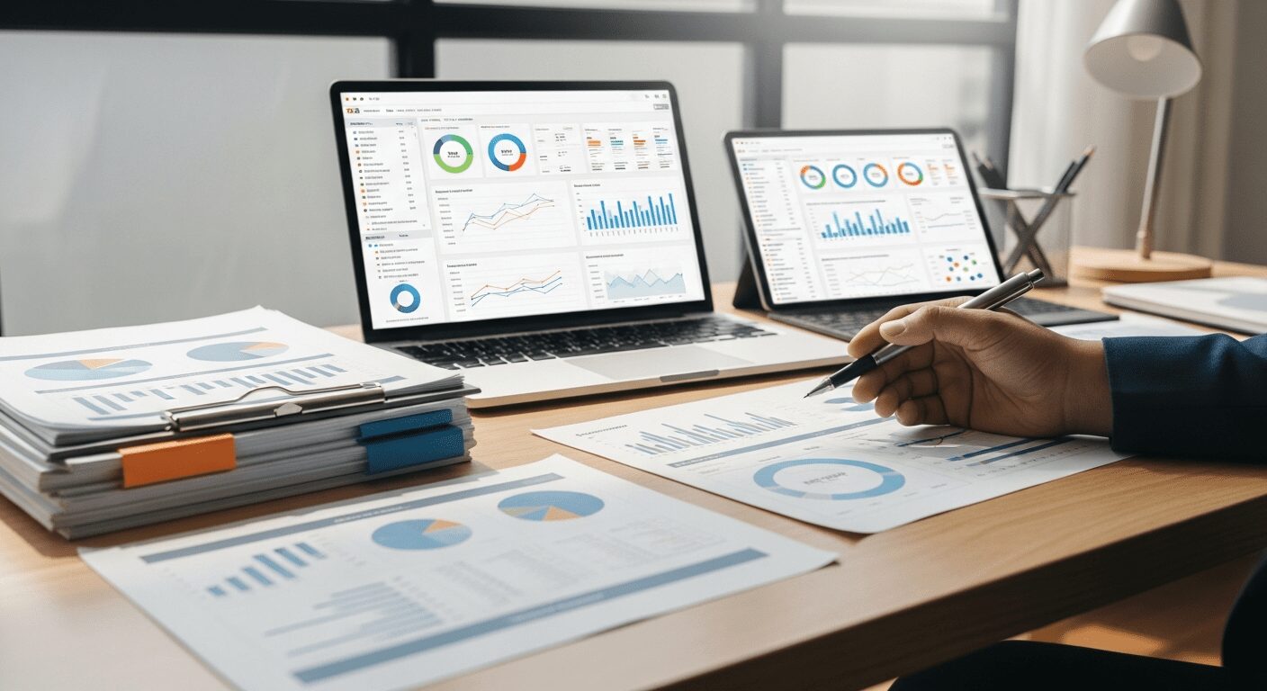 業務データの分析と資料作業をしているデスクの様子