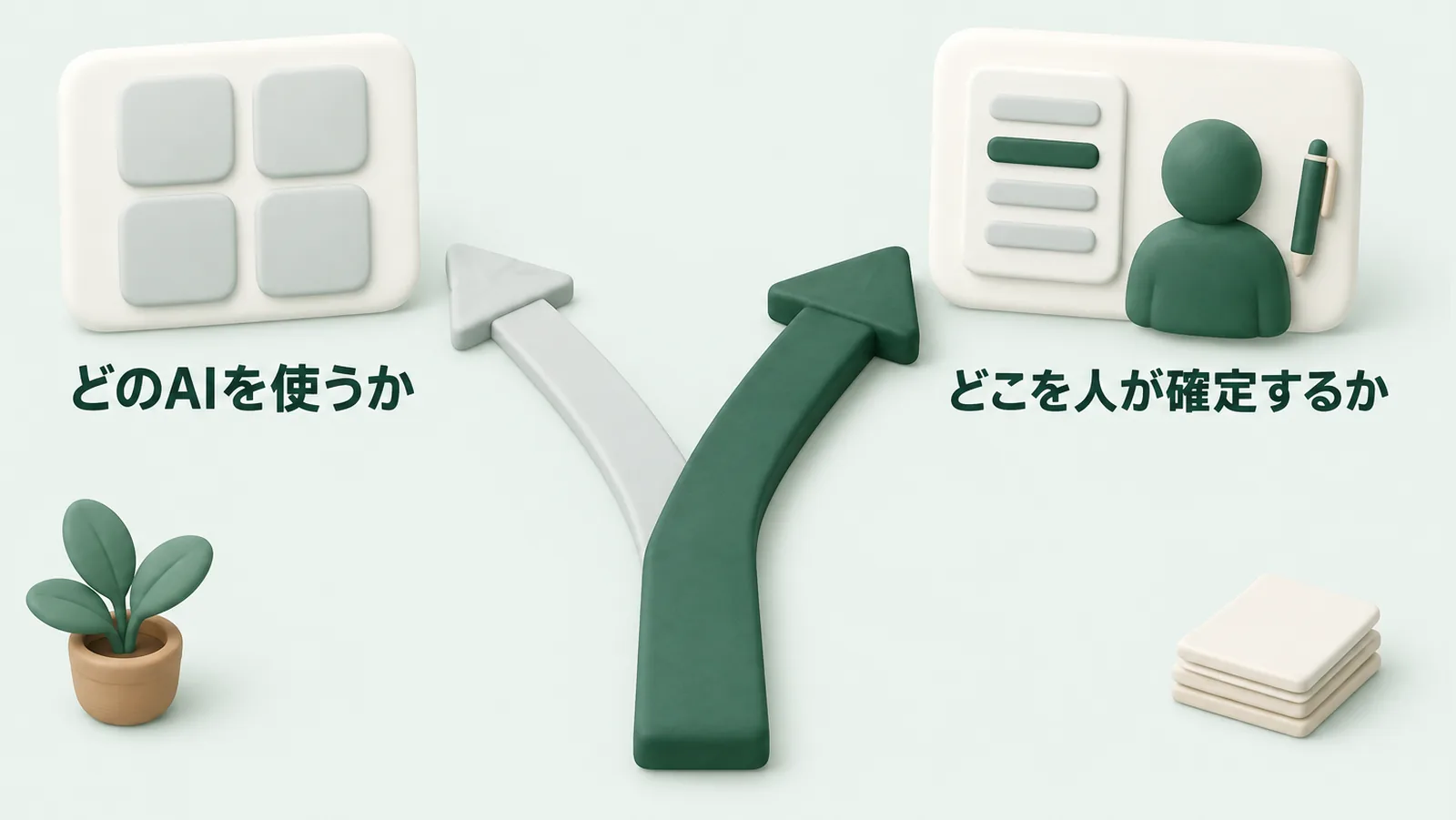 どのAIを使うかを選ぶ道と、どこを人が確定するかを決める道の分かれ道を示した図