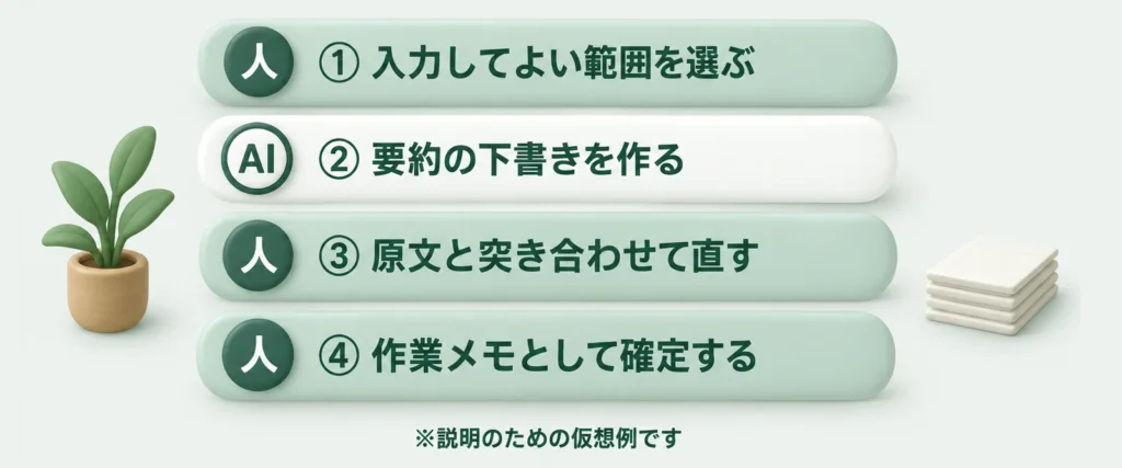 資料を要約する4つの工程のうち、AIが担う工程は下書き作成の1つだけで、範囲の選定・突き合わせ・確定は人が担うことを示した図。説明のための仮想例