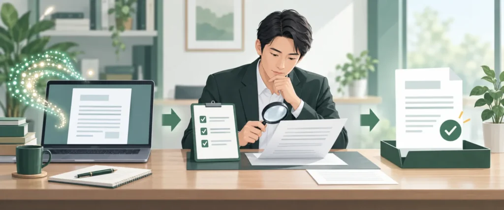 AIが作成した案を人が確認してから承認する業務フロー