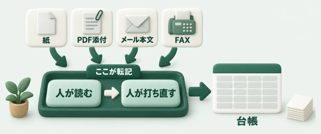 紙・PDF添付・メール本文・FAXで届いた情報を人が読んで打ち直す区間が、転記が起きている場所であることを示した図