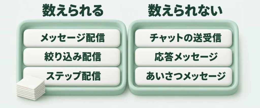通数に数えられる送信(メッセージ配信・絞り込み配信・ステップ配信)と、数えられない送信(チャットの送受信・応答メッセージ・あいさつメッセージ)を左右に分けた図