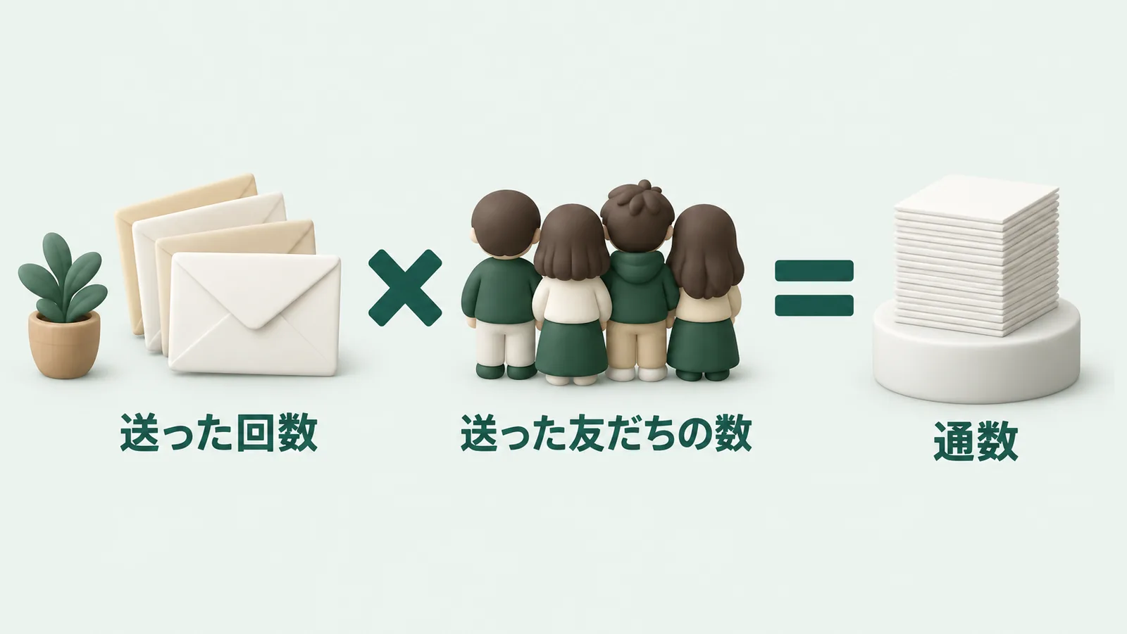 送った回数と送った友だちの数を掛け合わせて、通数を数える考え方を示した図