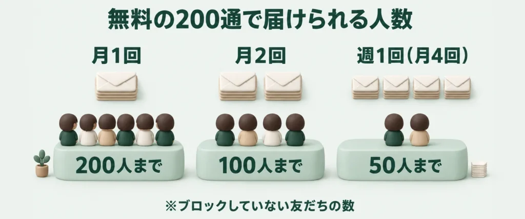 無料の200通で届けられる人数が、月1回なら200人まで、月2回なら100人まで、週1回(月4回)なら50人までになることを示した図